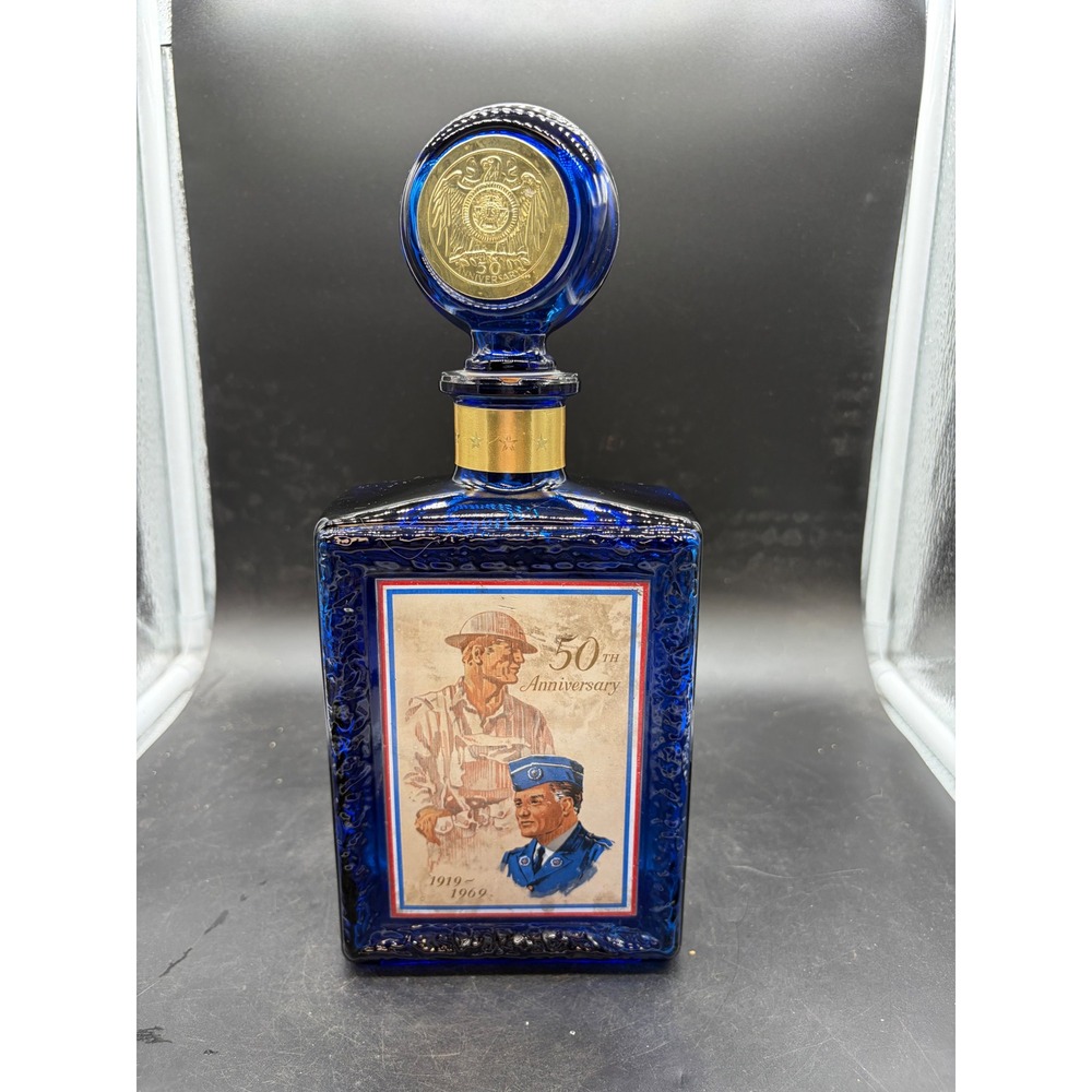 Vintage American Legion 50th Anniversary Cobalt Blue Glass Decanter J.W. Dant